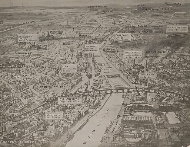Illustration of Dublin, Ireland looking west along the River Liffey and showing the positions held by the Irish rebels. North of the Liffey, the General Post Office, headquarters of the rebellion, and Liberty Hall, from which the rebels had started on April 24, are in flames, bombarded by British forces. South of the River, forces led by Countess Markiewicz held St. Stephen's Green under fire from soldiers in the Shelbourne Hotel. Kilmainham Goal, where the captured rebels would be held, and where their leaders would be executed, is in the distance.
