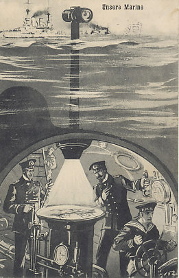 The German Navy above and below the surface. A poem on the reverse touts that although the submarine is hard to spot (and fire upon), images of surface ships, as bright as mirrors, are projected within the submarine.
Text:
Unsere Marine
Our Navy
Reverse
Das Unterseeboot, uns'rer Feinde Schrecken,
Ist für das schärfste Rohr kaum zu entdecken,
Doch wird ihm selbst als helles Spiegelbild
In weitem Umkreis jedes Schiff enthülit.
The submarine, our enemies terror,
Is hard for the sharpest gun barrel to discover,
But it reveals each ship
As a bright mirror image of wide radius.
Ge. gesch. Nachdruck verboten
Reproduction prohibited
Postmarked November 24, 1914.