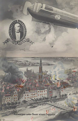 On October 9, 1914 Antwerp was bombed by a Zeppelin. German forces occupied the city the next day. Postcard with an inset portrait of Count von Zeppelin.