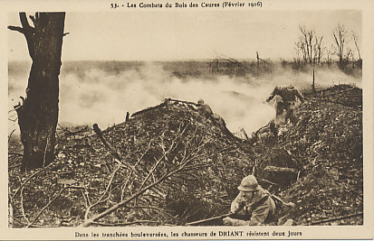 French chasseurs à pied (light infantry) in the Bois des Caures, in the northeastern front on the first days of the Battle of Verdun. The chasseurs, under the command of Lieutenant Colonel Émile Driant, were subjected to the devastating bombardment of February 21 and 22, 1916, and the assault of the 22nd and 23rd. Driant, a professional soldier and writer who had also represented the city of Nancy, was killed by a machine gun bullet through his forehead. After the two days in the trenches, only 118 of the original 1,200 infantrymen remained.
Text:
53. - Les Combats du Bois des Caures (Février 1916)
Dans les tranchées bouleversées, les chasseurs de Driant résistent deux jours
The Battle of Caures Wood (February, 1916)
In the shattered trenches, Driant's chasseurs resisted for two days.
Reverse:
Editions Visions de Guerre