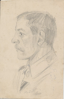Original pencil portrait of a recipient of the Iron Cross by Allenn (?), February 12, 1915.
Text:
12.2.15
February 12, 1915
Allenn (?)
Reverse:
S. B.
51.Res.Inf.Brig.