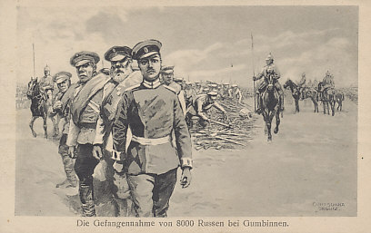 An illustration of captured Russians, led by an officer, laying down their arms under the eyes of German lancers. A Russian victory, the Battle of Gumbinnen, fought on August 20, 1914, was the second encounter between the Russian invaders and the German defenders of East Prussia.
Text:
Die Gefangennahme von 8000 Russen bei Gumbinnen.
The Capture of 8,000 Russians in Gumbinnen.
Curt Schultz Steglitz
Reverse:
Message dated January 20, 1917 and postmarked the same day.
Karl Voegels, Berlin O. 27, Blumenstr.  75 (11)