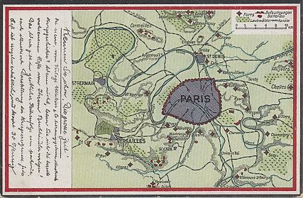 Map of Paris and environs with surrounding forts and fortifications.
From the series, Kennen Sie schon "Die grosse Zeit" (Do you know the high times already?)
Reverse: 
B. Z. Kriegskarte (B.Z. war map)
Verlag der B. Z. am Mittag, Berlin (Publisher of the B.Z. am Mittag, Berlin)