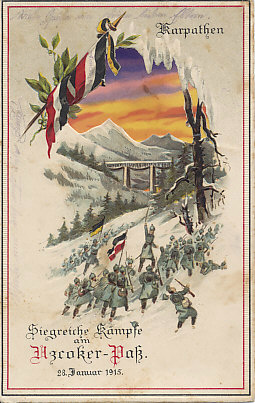 A hold-to-light postcard of the German and Austro-Hungarian victory (shortlived) over the Russians in the Uzroker Pass in the Carpathians on January 28, 1915. Franz Conrad von Hötzendorf, Chief of the Austro-Hungarian General Staff, launched an offensive with three armies on January 23 including the new Austro-Hungarian Seventh Army under General Karl von Pflanzer-Baltin.
Text:
Karpathen
Siegreiche Kämpfe am Uzroker-Paß
28. Januar 1915 
The Carpathians
Victorious fighting at the Uzroker Pass
January 28, 1915
Reverse:
Message dated and field postmarked September 7, 1916, 29th Infantry Division.