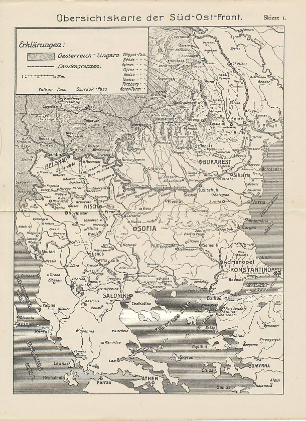 Map of the the Balkan Front — Germany's Southeast Front — with the mountain passes between Austria-Hungary and Romania. From the Reichsarchiv history of the wars in Serbia and Romania, Herbstschlacht in Macedonien; Cernabogen 1916.
The capitals of Belgrade (Serbia), Bucharest (Romania), Sofia (Bulgaria), and Constantinople (Turkey) are prominent, as is Salonica, Greece, the Allied entry port into the country.
Text:
Übersichtskarte der Süd-Ost-Front
Skizze I.
Erklärungen:
Oesterreich Ungarn
Landesgrenzen
Overview map of the south-east front 
Sketch I. 
Explanations: 
Austria-Hungary
Borders