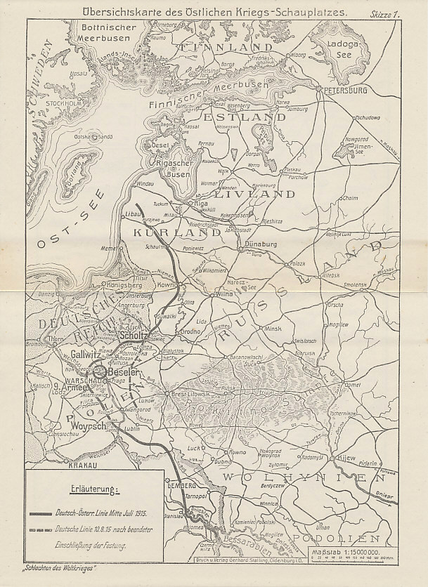 Map of the Eastern Front, mid-July, 1915 from The Capture of Novo Georgievsk, Volume 8 of the Reichsarchive history Battles of the World War.
