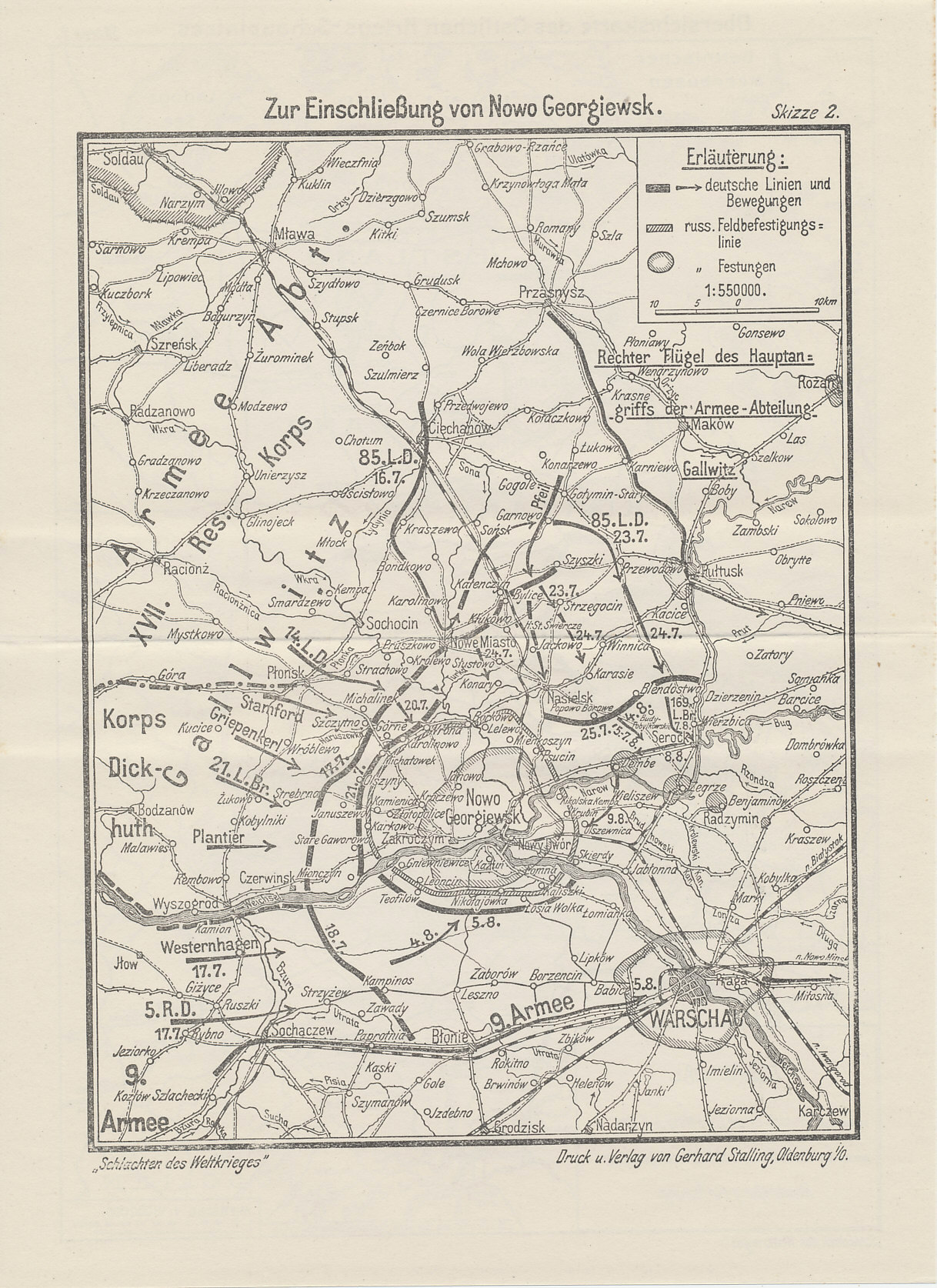 Map of the the Warsaw sector with the Russian Fortress of Novo Georgievsk, August, 1915 from The Capture of Novo Georgievsk, Volume 8 of the Reichsarchive history Battles of the World War.