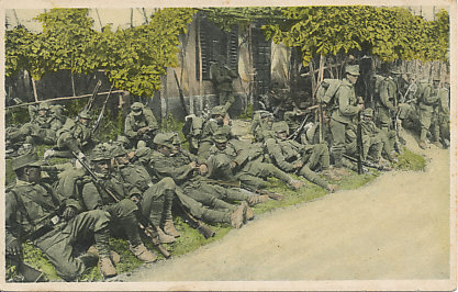 RAustrian Mountain Rangers 'resting in the shade of southern flora' on the Italian front. The card was postmarked from Berlin on January 5, 1916.
Text, reverse:
Vom Italienischen Kriegsschauplatz
Rast im Schallen der südlichen Flora.
From the Italian front
Rest in the shade of southern flora.