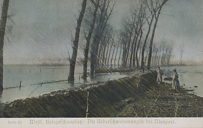 Austrian postcard of the inundations at Nieuport, Belgium, with soldiers at the flood barrier. Driven to a corner of Belgium by Germany's advance, the Belgians tried to make a stand on the Yser Canal in the flat terrain of Flanders. Driven back, they retreated behind the railway embankment that ran from Nieuport on the coast to Dixmude 20 miles inland. On October 27, 1914 they opened the locks to flood the plain before them, a process that took several days. Unable to break through, the Germans abandoned the Battle of the Yser on October 31.
Caption:
Serie 3/1 Westl[ichen] Kriegsschauplatz: Die Ueberschwemmungen bei Nieuport. - Western Front: The inundations at Nieuport.
Reverse:
Ausgabe des Kriegsfürsorgeamtes Wien IX.
Zum Gloria-Viktoria Album
Sammel. u. Nachschlagewerk des Völkerkrieges
Kriegshilfe München N. W. 19.
Issue of the war welfare office Vienna IX.
For Gloria Viktoria Album
Collection. and reference work of international war
War Fund Munich N. W. 19th