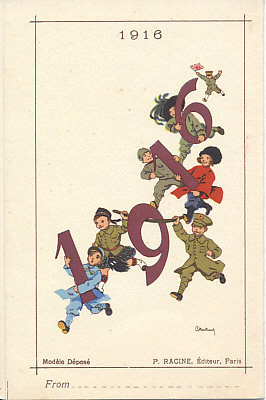 Children dressed as Allied soldiers run to bring the New Year, 1916. France carries the 1, the United Kingdom (in a kilt) and Belgium — his national roundel on his hat — the 9, Serbia and Russia the 1 of the decade, and Italy the 6. Japan, bearing a flag, hurries to catch up. A folding calendar card for 1916 by G. Bertrand.
Reverse: the calendar for 1916
Inside:
With best wishes for a happy Christmas with love from Wallis
