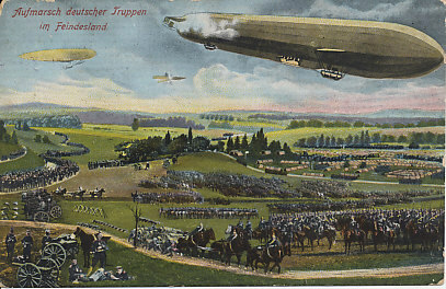 A German army advances in enemy territory, artillery, cavalry, and infantry deploying under the watchful and protective cover of airships and an airplane. The card was field posted on March 30, 1915.
Text:
Aufmarsch deutscher Truppen im Feindesland
Deployment of German troops in enemy territory
Reverse:
Field postmark March 30, 1915