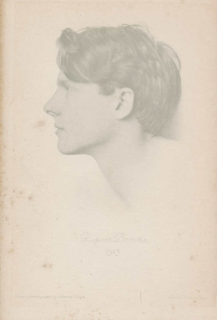 Frontispiece picture of the author from '1914 & other Poems' by Rupert Brooke. The profile is from a 1913 photograph by Sherril Schell.
Text:
Rupert Brooke
1913
From a photograph by Sherril Schell