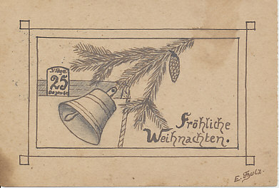 Original German pencil sketch Christmas card on blank field postcard. It was drawn by musketeer Erich Schulz, and field postmarked in December, 1915.
Text:
25 December
Fröhliche Weihnachten.
E. Schulz
Reverse:
Field postmarked December 2?, 1915