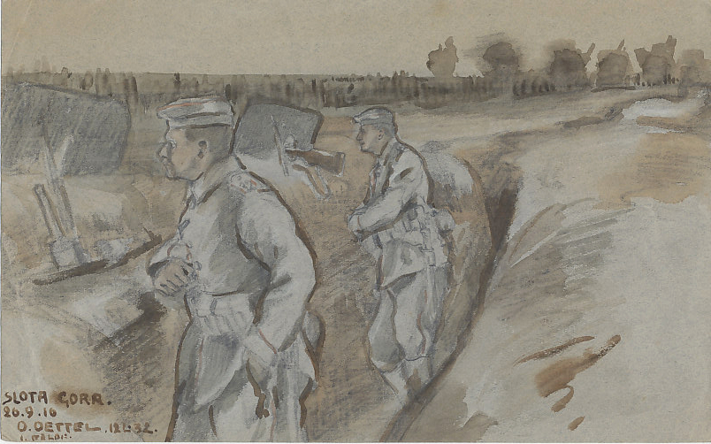 Entrenched German soldiers behind sniper plates at Slota Gora, September 26, 1916. Slota (or Zlota) Gora was in Polish Russia, west of a line running from Warsaw to Cracow. An original watercolor (over pencil) by O. Oettel, 12th company of Landwehr, IR 32 in the field. A sketch in pencil and red crayon is on the reverse.
Text:
Slota Gora
26.9.16
O.Oettel 12L.32.
I. Felde
Zlota Gora
September 26, 1916
O. Oettel, 12th Landwehr 32nd Regiment
In the Field