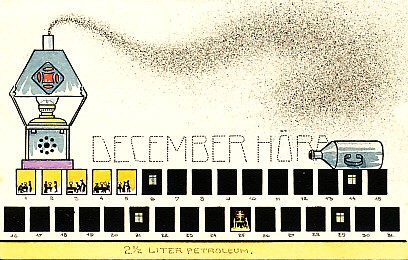 'December snow.' Hand-painted watercolor calendar for December 1917 by Schima Martos. Particulates from a smoking kerosene lamp overspread the days of December, and are labeled 'December höra,' 'December snow.' The first five days or nights of the month show a couple at, sitting down to, or rising from a lamp-lit table. The rest of the month the nights are dark, other than four in which the quarter of the moon shows through a window, or Christmas, when the couple stands in the light of a Christmas tree.