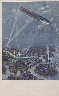 Postcard image of London under an airship raid. In the distance, a fire burns near Tower Bridge, another to the east, south of the Thames. The Schütte-Lanz was a competitor to the Zeppelin, and used a wooden rather than metal frame. After an original painting, 'Schütte-Lanz over London' by Jo. Ruep.
Reverse:
Luftfahrerdank o.m.b.h. Charlottenburg 2. "Schütte-Lanz" über London
Nach einem Original-Gemälde von Jos. Ruep.
Thanks to Airmen o.m.b.h. Charlottenburg 2.
"Schütte-Lanz" over London
After an original painting by Jo. Ruep.