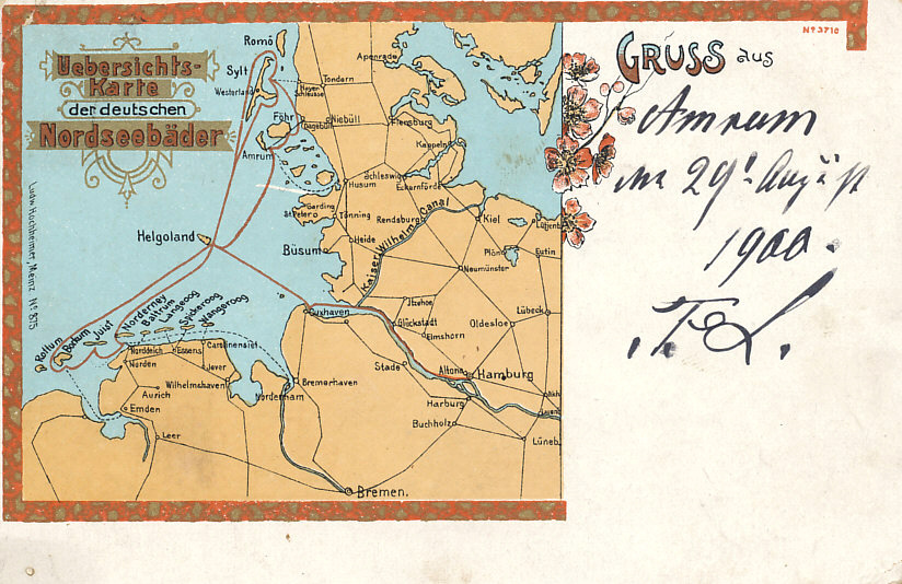 Postcard map of the German beach resorts on the North Sea with ferry routes connecting Hamburg and Cuxhaven on the mainland with the island of Helgoland and, from there, Sylt and Amrum to the north, and Borkum, Juist, and Norderney to the south. The map also shows the Kaiser Wilhelm Canal connecting Kiel, a home to Germany's Baltic Fleet, with the estuary of the Elbe River on the North Sea.
Title: Uebersichtskarte der deutschen Nordseebäder (Overview map of the German North Sea Baths)
[Printed]
Gruss aus (Greetings from)
[Handwritten] Amrum 29 August 1900
Ludw. Hochheimer, Meinz, No. 875
Reverse:
Deutsche Reichspost Postkarte