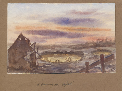 View across No Man's Land between Ypres and Messines in 1917 by Lance Corporal Hugh F. Ward, 97th Field Ambulance, Royal Army Medical Corps. Ward painted this while he was in the sector before, during, and after the June, 1917 Battle of Messines Ridge. Initialed 'H.W.'.