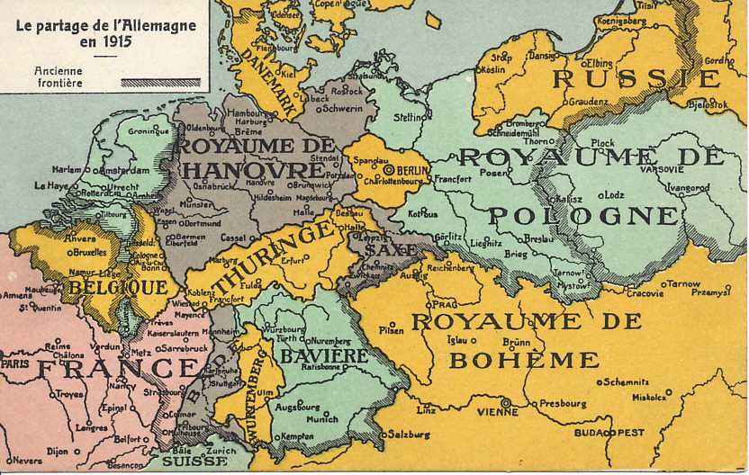 A fantasy division of Germany (and Austria-Hungary) from 1915, after victory by the Entente Allies. France and Belgium both gain territory at the expense of Germany. Russia gains the significant part of the Baltic coast although losing land  to an again-independent Kingdom of Poland. The German Empire is dissolved, the land reverting to its constituent states. Denmark regains Schleswig-Holstein. Austria-Hungary is no more, much of it now the reconstituted Kingdom of Bohemia.
Text:
Le partage d'Allemagne en 1915
Ancienne frontière
The division of Germany in 1915
former border