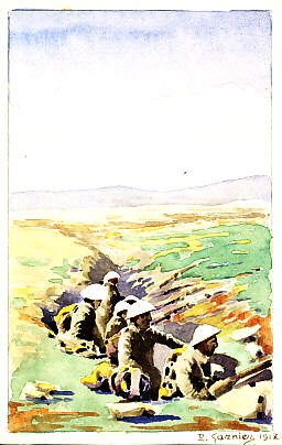 Six white-helmeted soldiers in a snaking trench wait, several with backpacks, one with a rifle, in a flat landscape stretching to a low line of hills in the distance. French original watercolor trench art in postcard size signed P. Garnier 1918(?) (possibly corrected from '1917').