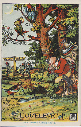 John Bull, symbol of Great Britain and here a bird-catcher, tries to entice the kingdom of Romania, in 1915 a neutral nation, into his trap. He already has Russia by the nose, and the plucked cock of France and an Italian fowl close at hand. Neutral (and wise) Greece rests out of reach, while Bulgaria sings to the Islamic crescent moon of Turkey. In the background Turkish, German, and Austro-Hungarian soldiers meet at a crossroads. Carved into the tree is a heart dated 1915, and the initials 