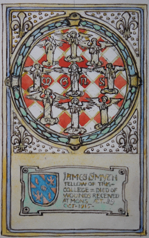 Original watercolor design by Nelson Dawson for a World War I memorial for James Smyth who died on in October 1915 at the age of 39 of wounds received in the Battle of Mons, Belgium, on August 23, 1914.
Text:
Mons
James Smyth fellow of this college — Died of wounds received at Mons. Aet. 39 Oct-1915—