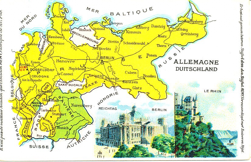 A color map of Germany before and during the war from a French postcard, including the German states, views of the Reichstag in Berlin and the Rhine. Alsace and Lorraine are in the southwest. Higher resolution.