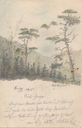 Original Austro-Hungarian sketch in colored pencil of two pine trees and one bare tree against a background of two hills. Dated December 20, 1915, field postmarked the next day. Signed 'Rob. Korschbu(?)'.
Printed on the reverse, an oval containing profile portraits busts of Kaisers Wilhelm II of Germany (background) and Franz Joseph of Austria-Hungary. A scroll above reads, 'In treue Fest', and below '1914 : 1915'. Field postmarked (Feldpost) 1915-12-21, KuK.