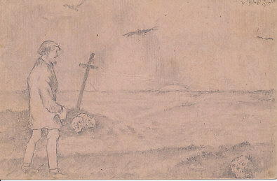 A bearded man stands by the seashore at sunset. A skull is near his feet, and three more lie near the foot of a cross across a narrow inlet. Three birds, seagulls or birds of prey, descend. An Austrian pencil sketch on field postcard, signed and dated, 1916, likely date, July 15/19, 1916.
Text:
15 19 |vii 16