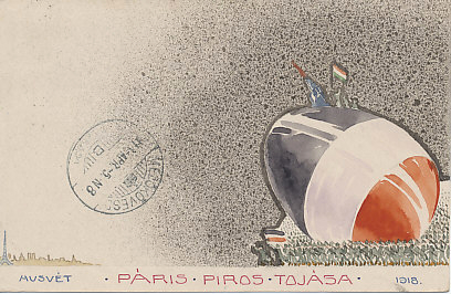 A mass of German troops bear an enormous egg striped in the black, white, and red of the german flag. Atop the egg, a cannon is fired by troops with a Hungarian flag. The target, diminutive in the distance, is Paris, Eiffel Tower gray against the brown city.
The watercolor is labeled,
Husvét . Páris piros tojása . 1918
Easter . Red eggs for Paris . 1918
The front of the card is postmarked 1918-04-05 from Melököveso.
The card is a Feldpostkarte, a field postcard, from Asbach Uralt, old German cognac. Above the brand name, two German soldiers wheel a field stove past a crate containing a bottle of the brandy under the title Gute Verpflegung, Good Food. Above the addressee is written Einschreiben, enroll, and Nach Ungarn, to Hungary. The card is addressed to Franz Moritos, and is postmarked Hamburg, 1918-03-30. A Hamburg stamp also decorates the card.
A hand-painted postcard by Schima Martos. , Germany on registered fieldpost card, 1918, message: Red Egg for Paris, Easter, 1918.
The German advance in Operation Michael in the March, 1918 nearly broke the Allied line, and threatened Paris, putting it once again in range of a new German supergun capable of hitting the city from 70 miles away.