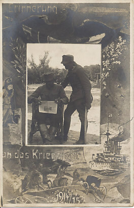 An Austro-Hungarian postcard commemorating the first year of the war, begun on July 28, 1914, with Austria-Hungary's declaration of war on Serbia. The sword the standing officer is wearing would have impeded his movement on the battlefield. The card was postmarked in Vienna on December 27, 1915.
Text:
Erinnerung an das Kriegsjahr 1914/15
In memory of the war year 1914/15