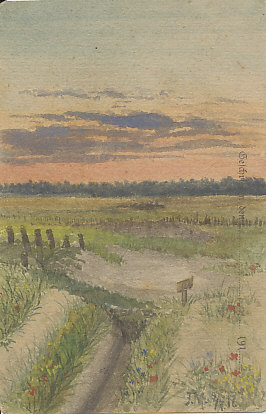 Sunset over the trenches; a watercolor by J.M., July 9, 1916. Signed J.M 9/7/16
Signed J.M 9/7/16
Reverse:
Werk Habsburg
Habsburg Work