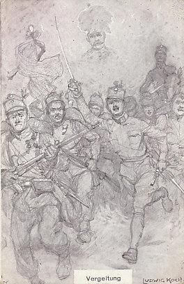 Revenge! Austro-Hungarian troops charge into battle to revenge the assassination of Archduke %+%Person%m%7%n%Franz Ferdinand%-%. His spirit watches over them. From a drawing by Ludwig Koch.