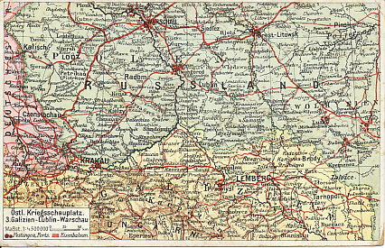 Postcard map of Galicia, one of the Austro-Hungarian theaters of war, from Cracow to Tarnopol along the north of the Carpathian Mountains. The region includes the fortress city of Przemyśl.
Text:
Östl. Kriegsschauplatz. 3. Galizien - Lublin - Warschau
Maßst[ab]. (scale) 1:4500000 
Festungen, Forts.; Eisenbahnen (forts, railroads)

Reverse:
Sammlung J. Thomas, Sachrang/Obb.
Adolf Brandstätter, Postkarten-Verlag
Beilitz (Oesterr., Schles.)
Postkarten des östlichen Kriegschauplatzes Nr. 3. Import.

Collection of J. Thomas, Sachrang / Bavaria.
Adolf Brandstätter, postcard publisher
Beilitz (Austrian, Schleswig.)
Postcards of the eastern theater of war No. 3 Imports.

Message date and field postmark, September 29, 1915