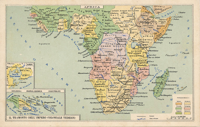 An Italian postcard map of central and southern Africa with insets for New Guinea and Kiautschau, China, with the colonies of Italy, Britain, France, Portugal, Spain, Germany, and Belgium.
Text:
Il tramonto dell'impero coloniale tedesco The sunset of the German colonial empire
Reverse:
Censura sottoprefettura Terni del 25-5-17 Censorship of the Terni sub-prefecture 25/05/17
Logo: IPA CT Gromo
130
Added stamped text:
Sammlung J. Thomas, Sachrang/Obb.
Collection of J. Thomas, Sachrang / Bavaria.