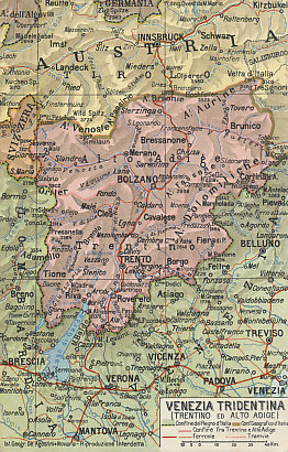 Map of the Trentino, part of "Italia Irredenta," unredeemed Italy: Venezia Tridentina (Trentino and Alto Adige).