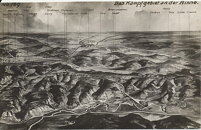Postcard map of the Chemin des Dames between Soissons and Rheims. The view is facing north towards the heights of the 'Ladies Road,' the Aisne River to its south. The Germans held the high ground after the retreat from the Marne in 1914. The French suffered heavy casualties taking the Chemin des Dames in the Second Battle of the Aisne in 1917, an offensive that led to widespread mutinies in the French Army. The Third German Drive of 1918, the Third Battle of the Aisne, drove the French, and supporting British troops, from the heights, and again threatened Paris.
Text:
No. 189
Das Kampfgebiet an der Aisne
The Battleground of the Aisne
