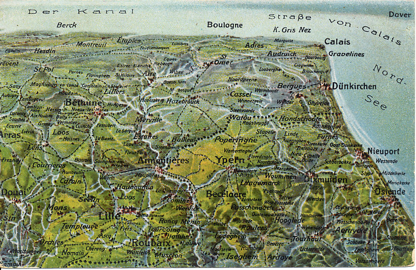 German postcard map of the Western Front in Flanders, looking south and including Lille, Arras, Calais, and Ostend. In the Battle of the Yser in October, 1914, the Belgian Army held the territory south of the Yser Canal, visible between Nieuport, Dixmude, and Ypres (Ypern). Further north is Passchendaele, which British forces took at great cost in 1917.
Text:
Der Kanal
Straße von Calais
The English Channel and the Strait of Calais