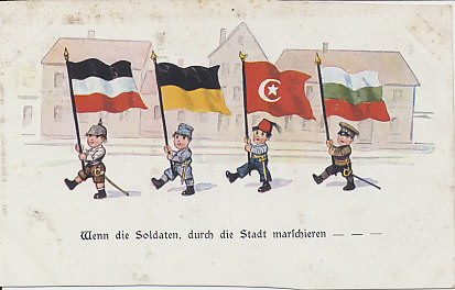 The Central Powers as child soldiers marching through the city: Germany, Austria-Hungary, Turkey, and Bulgaria. Bulgaria was the last to join, doing so in October, 1915, helping to defeat Serbia, and preventing French and British forces from coming to her aid. The title is from the song 