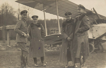 German ace Oswald Bölcke, second from left, marked with an X, was killed in a collision, October 28, 1916 with 40 victories.