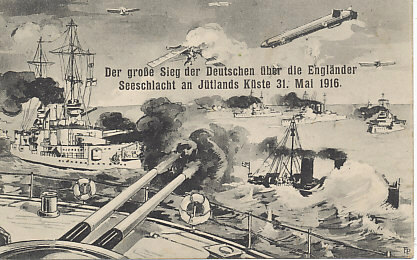 German postcard celebrating "the great German victory over the English" off Jutland, May 31, 1916. The Battle of Jutland (or of the Skagerrak) was the largest naval engagement of the war. Although, as on this card, the Germans declared victory, the outcome was less clear, and the German surface fleet did not again contest British control of the North Sea.
Text:
Der große Sieg der Deutschen über die Engländer
Seeschlacht an Jütlands Küste 31. Mai 1916 - The great German victory over the English
Naval battle off the coast of Jutland, May 31, 1916
Reverse: Dated and postmarked August 5, 1916
Niem's Postkartenverlag Elberfeld, Niem's Post Card Publisher, Elberfeld