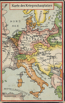 Map of the European theater of war prior to Italy's entry into the war in May, 1915. Forts, fortress cities, and military ports are highlighted. The map of the Balkans does not reflect the territorial gains of Serbia, Montenegro, and Greece at the expense of Turkey in the Balkan Wars of 1912 and 1913.
Text:
Karte des Kriegsschauplatzes
Map of the theater of war
Reverse: Logo: H&S B
No. 1796