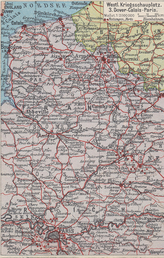 Map of the Western Front, from Dover to Calais, and south to Paris.
Text:
Westl. Kriegsschauplatzes
3. Dover-Calais-Paris
Festungen, Forts, Eisenbahn
Western Front
3. Dover-Calais-Paris
Fortresses, Forts, Railroads