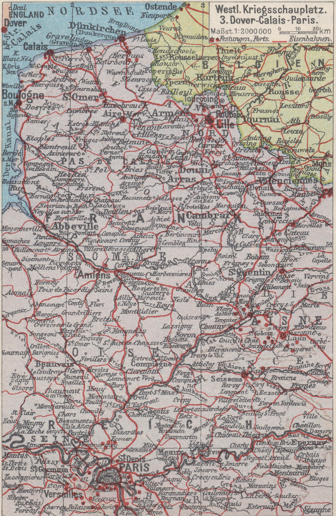 Map of the Western Front, from Dover to Calais, and south to Paris.
Text:
Westl. Kriegsschauplatzes
3. Dover-Calais-Paris
Festungen, Forts, Eisenbahn
Western Front
3. Dover-Calais-Paris
Fortresses, Forts, Railroads