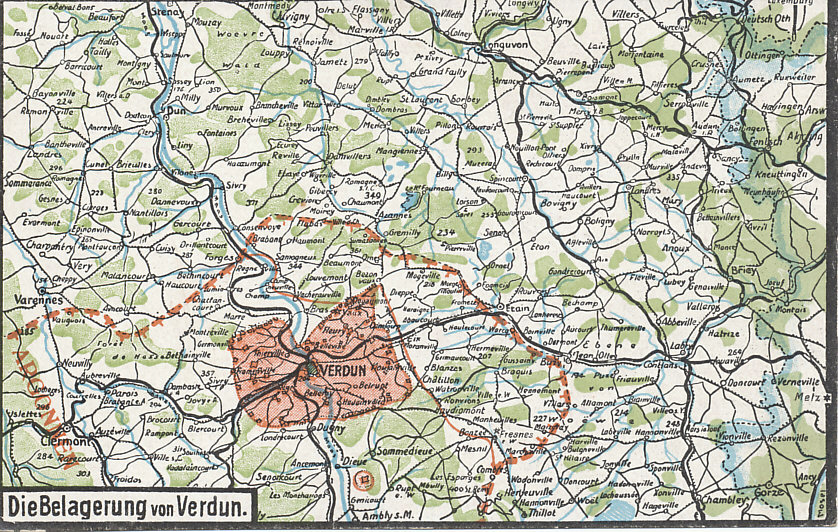 Postcard map with of Verdun, France, showing the forts of Douaumont and Vaux and the German siege line.
Text: Die Belagerung von Verdun
The Seige of Verdun
Reverse:
Postkarte / Feldpostkarte, dated France, May (?) 26, 1916.