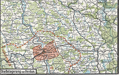 Postcard map with of Verdun, France, showing the forts of Douaumont and Vaux and the German siege line.
Text:
Die Belagerung von Verdun (The Seige of Verdun).
Reverse:
Postkarte / Feldpostkarte, dated France, May (?) 26, 1916.