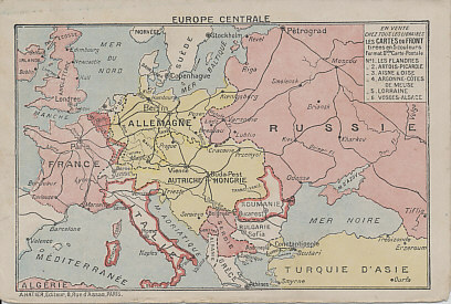 Number six in a series of folding postcards, each one showing one of the Western Front battlefields on the interior. The outer back shows a map of central Europe with the Entente Allies is pink and the Central Powers in Yellow. The map shows Europe after Turkey's entry into the war at the end of October, 1914, and before Italy's entry in May, 1915. The publisher may have hoped neutral Italy and Romania would soon join the Allies, and has outlined them in pink.
Text:
Outer back:
Europe Centrale
En vente chez tous les libraries
Les cartes du front
tirées en 5 couleurs
format double carte postale
No. 1. Les Flandres
_ 2. Artois-Picardie
_ 3. Aisne & Oise
_ 4. Argonne-Côte de Meuse
_ 5. Lorraine
_ 6. Vosges-Alsace
A. Hatier. Editeur.8.Rue d'Assas, Paris.
Inner detailed map:
Les Cartes du Front.
No. 6. Vosges-Alsace.
Chemin de fer, voie norm[a]le
" voie étroite
Route principale
Fleuve ou rivière
Canal du navigation
Fort
Kilometres
Outer front:
Correspondence des Armees
Franchise Militaire

Central Europe
Available at all libraries
Cards of the Front
drawn in 5 colors
Double postcard size
No. 1. Flanders
_ 2. Artois-Picardie
_ 3. Oise Aisne &
_ 4. Argonne-Meuse Coast
_ 5. Lorraine
_ 6. Alsace-Vosges
A. Hatier. Publisher.8.Rue d'Assas, Paris.
Inner detailed map:
Cards of the Front
No 6. Alsace-Vosges.
Normal Railroad
Narrow Gauge Railroad
Major road
River or stream
Navigable canal
Fort
Kilometres
Outer front:
Correspondence of the Armies
Military Franchise