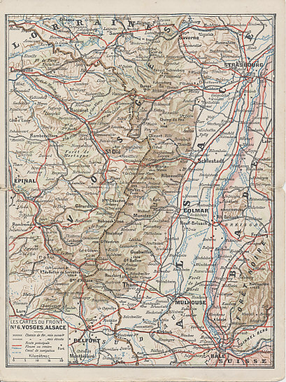 Number six in a series of folding postcards, each one showing one of the Western Front battlefields on the interior. The outer back shows a map of central Europe with the Entente Allies in pink and the Central Powers in Yellow. The map shows Europe after Turkey's entry into the war at the end of October, 1914, and before Italy's entry in May, 1915. The publisher may have hoped neutral Italy and Romania would soon join the Allies, and has outlined them in pink.
Text:
Outer back:
Europe Centrale
En vente chez tous les libraries
Les cartes du front
tirées en 5 couleurs
format double carte postale
No. 1. Les Flandres
_ 2. Artois-Picardie
_ 3. Aisne & Oise
_ 4. Argonne-Côte de Meuse
_ 5. Lorraine
_ 6. Vosges-Alsace
A. Hatier. Editeur.8.Rue d'Assas, Paris.
Inner detailed map:
Les Cartes du Front.
No. 6. Vosges-Alsace.
Chemin de fer, voie norm[a]le
" voie étroite
Route principale
Fleuve ou rivière
Canal du navigation
Fort
Kilometres
Outer front:
Correspondence des Armees
Franchise Militaire

Central Europe
Available at all libraries
Cards of the Front
drawn in 5 colors
Double postcard size
No. 1. Flanders
_ 2. Artois-Picardie
_ 3. Oise Aisne &
_ 4. Argonne-Meuse Coast
_ 5. Lorraine
_ 6. Alsace-Vosges
A. Hatier. Publisher.8.Rue d'Assas, Paris.
Inner detailed map:
Cards of the Front
No 6. Alsace-Vosges.
Normal Railroad
Narrow Gauge Railroad
Major road
River or stream
Navigable canal
Fort
Kilometres
Outer front:
Correspondence of the Armies
Military Franchise