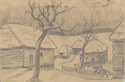 Pencil sketch  on field postcard of a horseman riding in the village of Pilagra (? Pilzyra?), February 14, 1915.
Text:
Geschrieben Pilagra (? Pilzyra?) den 14/2. 1915
Written Pilagra (? Pilzyra?) February 14, 1915