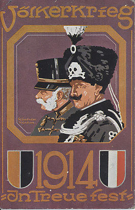 Postcard image of Kaiser Wilhelm II and Kaiser Franz Joseph, in the Secessionist style. The men are in a hexagonal lozenge, an image that may have been drawn from them riding in a carriage. Kaiser Wilhelm is wearing the uniform and shako of the Death's Head Hussars. Above the image, the word "Völkerkrieg" (people's war); below "1914; In Treue Fest" (fixed in loyalty).